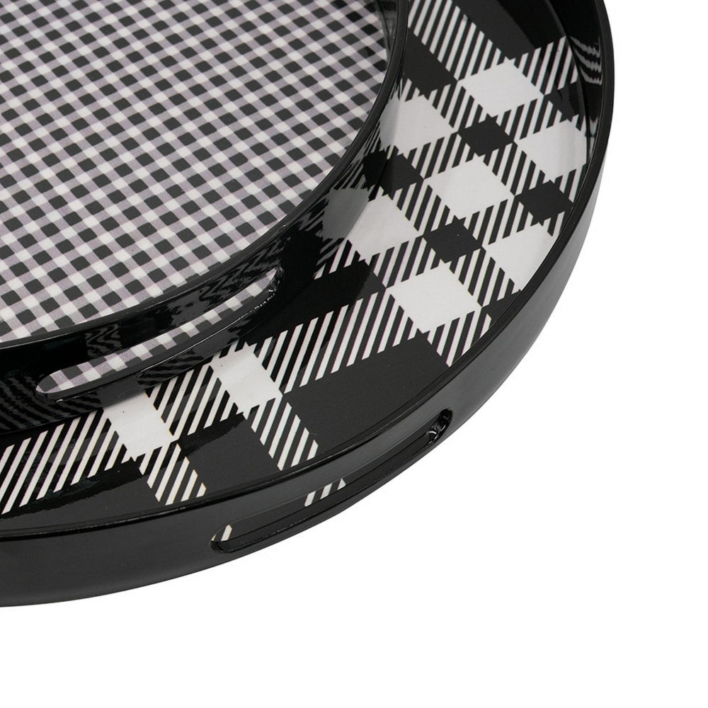 2 Piece Round Decorative Tray Plastic Frame Black and White Plaid Print By Casagear Home BM302538