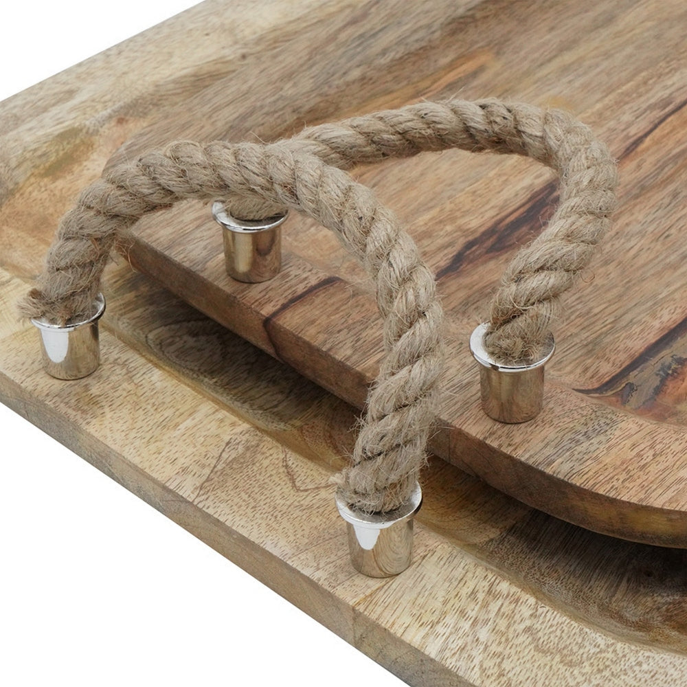 Set of 2 Mango Wood Trays Twisted Jute Handles Rustic Brown Texturing By Casagear Home BM302555