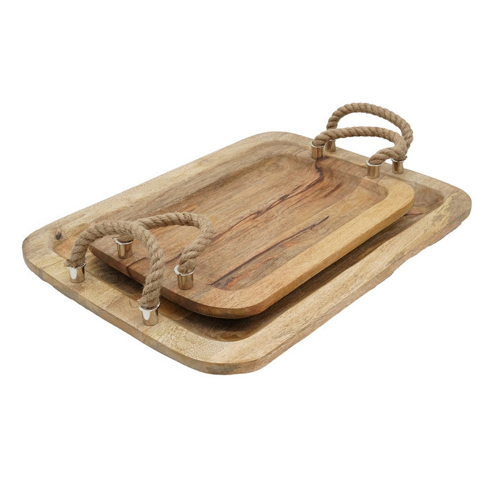 Set of 2 Mango Wood Trays Twisted Jute Handles Rustic Brown Texturing By Casagear Home BM302555