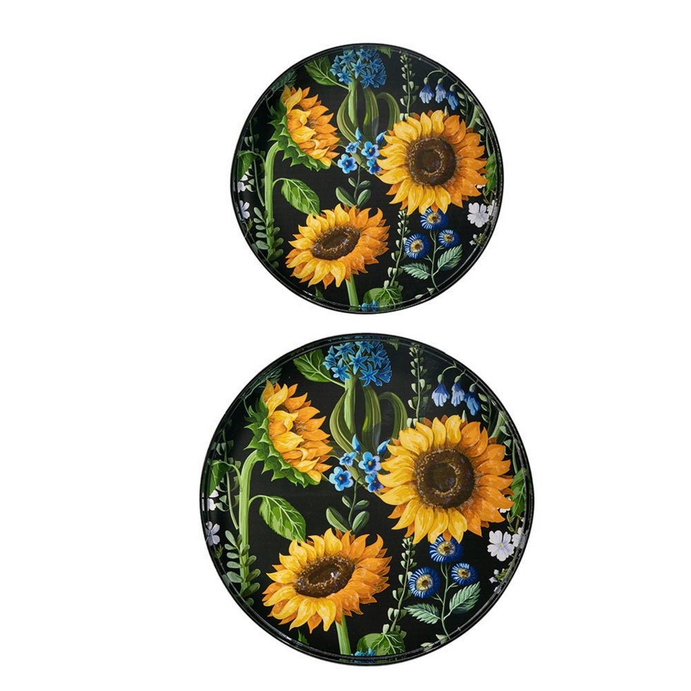 2 Piece Modern Decorative Trays Round Plastic Frame Sunflower Motifs By Casagear Home BM302562