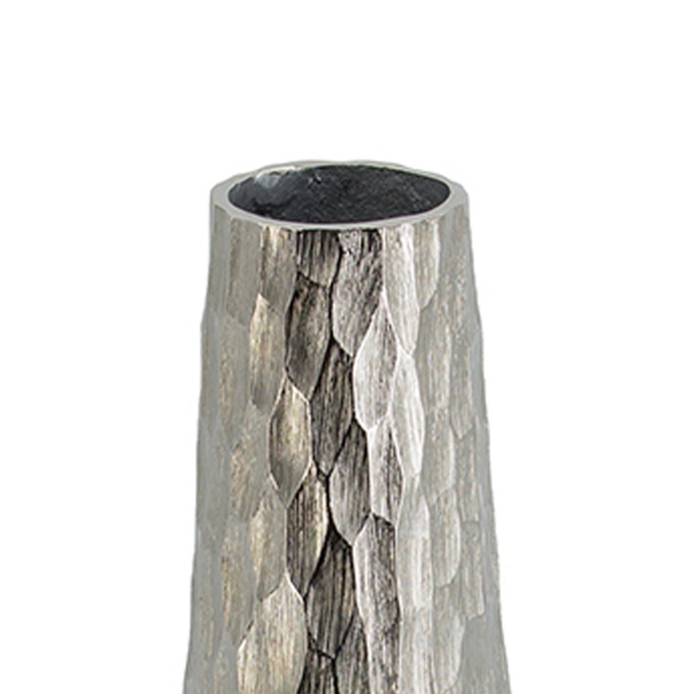 19 Inch Contemporary Tall Oblong Vase Silver Aluminum Hammered Texture By Casagear Home BM302566