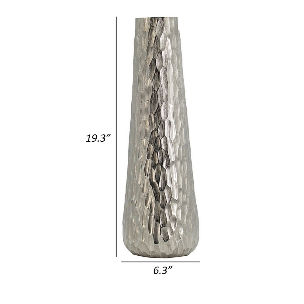 19 Inch Contemporary Tall Oblong Vase Silver Aluminum Hammered Texture By Casagear Home BM302566