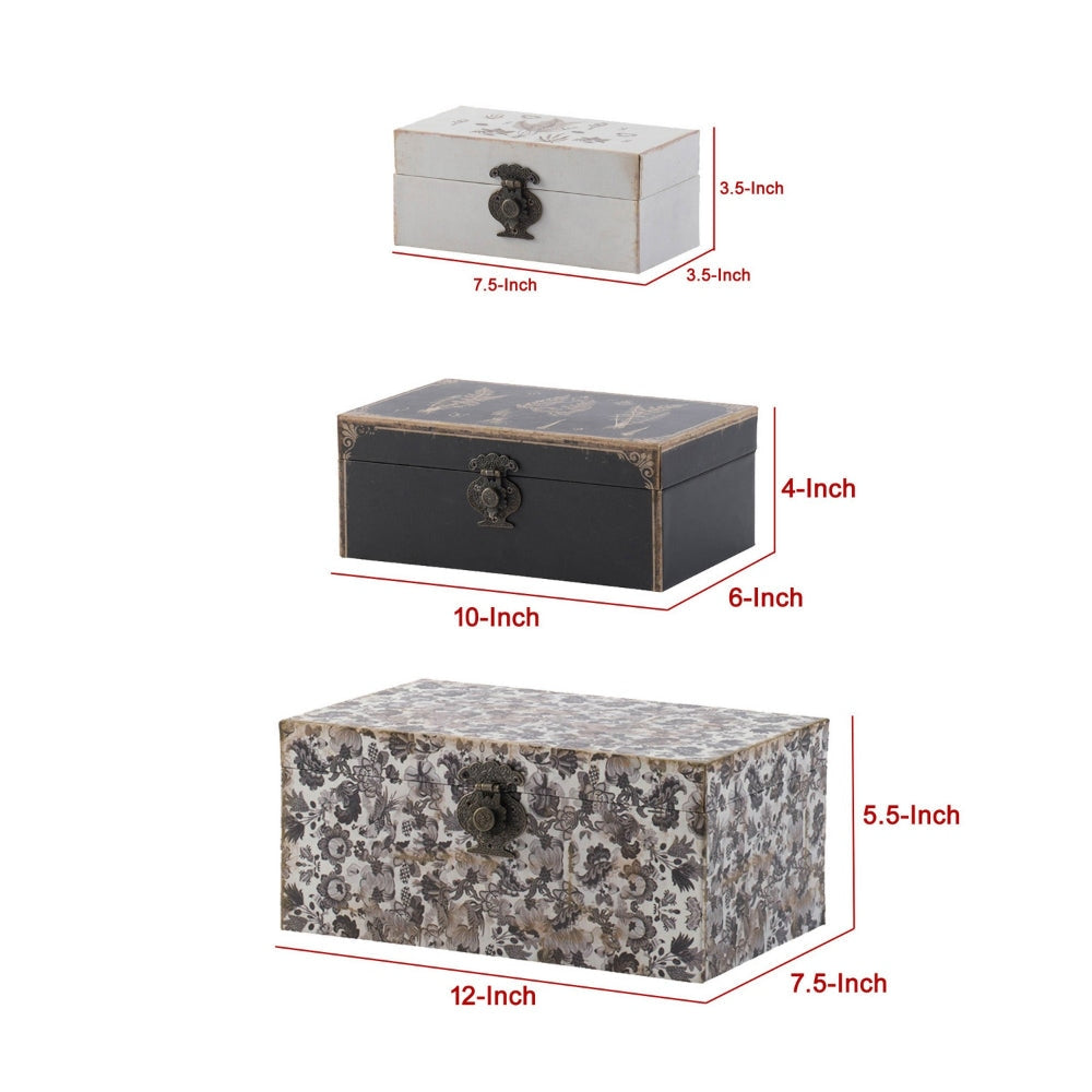 Leo Set of 3 Storage Boxes Vegan Leather Lining Ornate Printed Designs By Casagear Home BM302570