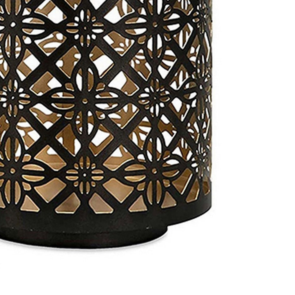 Set of 3 Rounded Iron Candle Holder Lanterns Matte Black Gold Latticework By Casagear Home BM302575