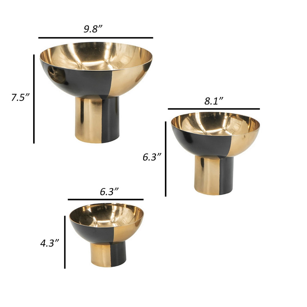 Set of 3 Round Bowls Black and Gold Aluminum Finish Sturdy Metal Stand By Casagear Home BM302584