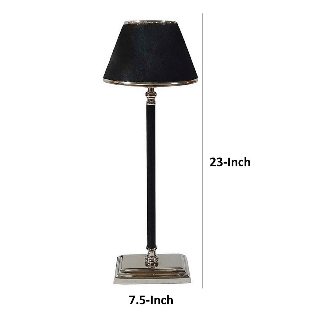 23 Inch Table Lamp Leather Wrapped Tapered Shade Aluminum Black Nickel By Casagear Home BM302585