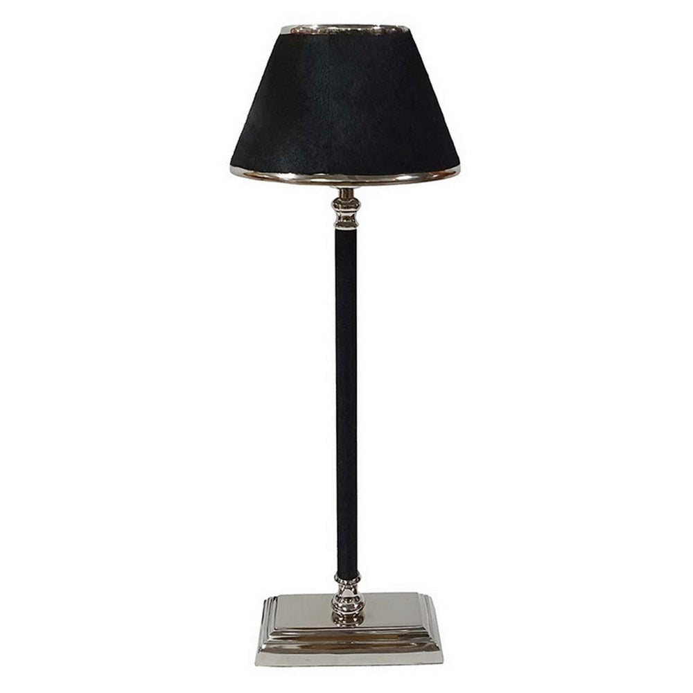 23 Inch Table Lamp, Leather Wrapped Tapered Shade, Aluminum, Black, Nickel By Casagear Home