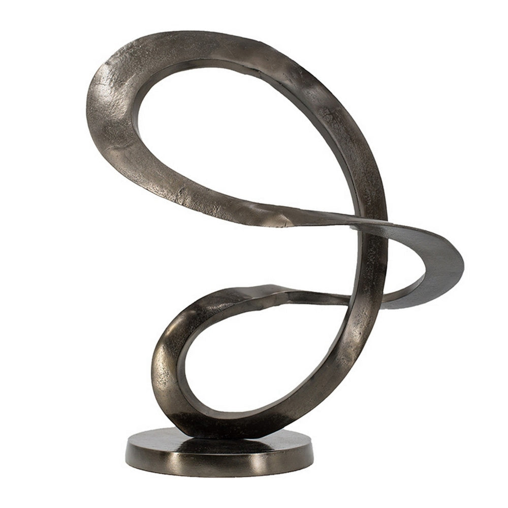 17 Inch Modern Sculpture, Black Aluminum, Tabletop Decor Loop, Round Base By Casagear Home