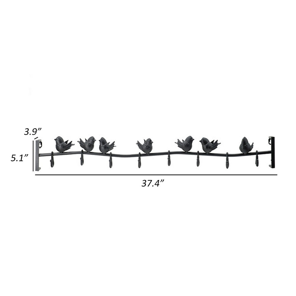 38 Inch Wall Hooks Perched Birds 8 Coat Hooks Black Iron Vintage Style By Casagear Home BM302598