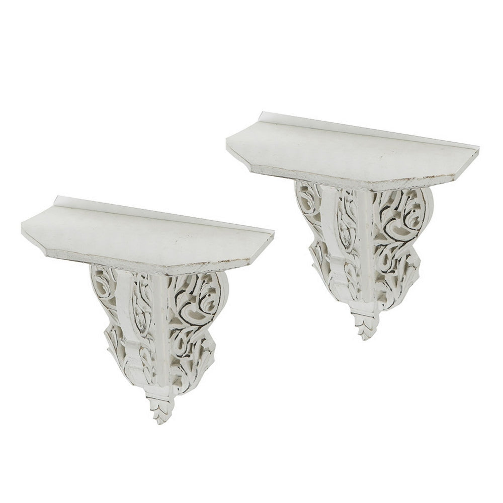 14 Inch Set of 2 Wall Decorations Shelves Antique White Carved Design By Casagear Home BM302600