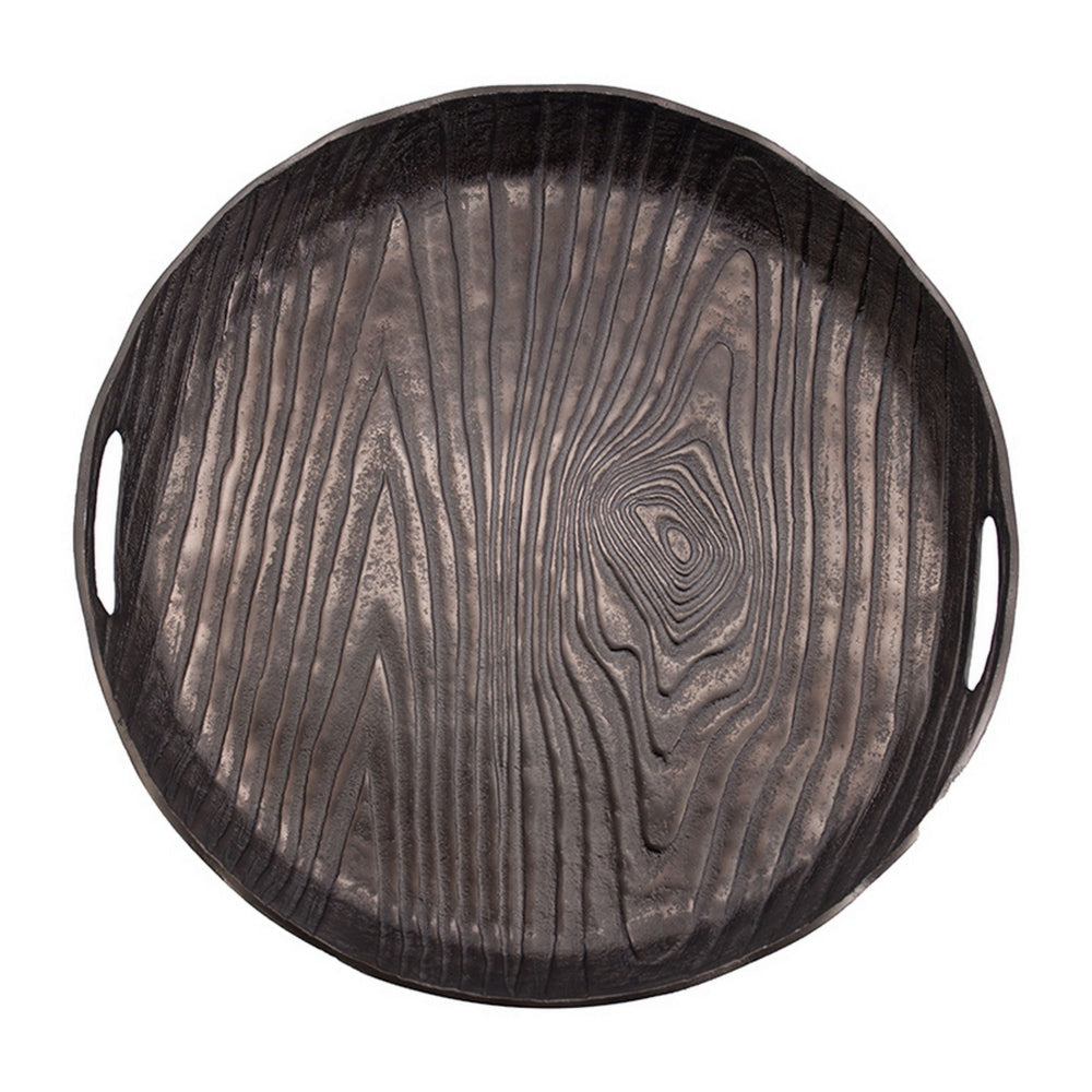 18 Inch Aluminum Decorative Tray Cut Out Handles Wood Grain Texturing By Casagear Home BM302602