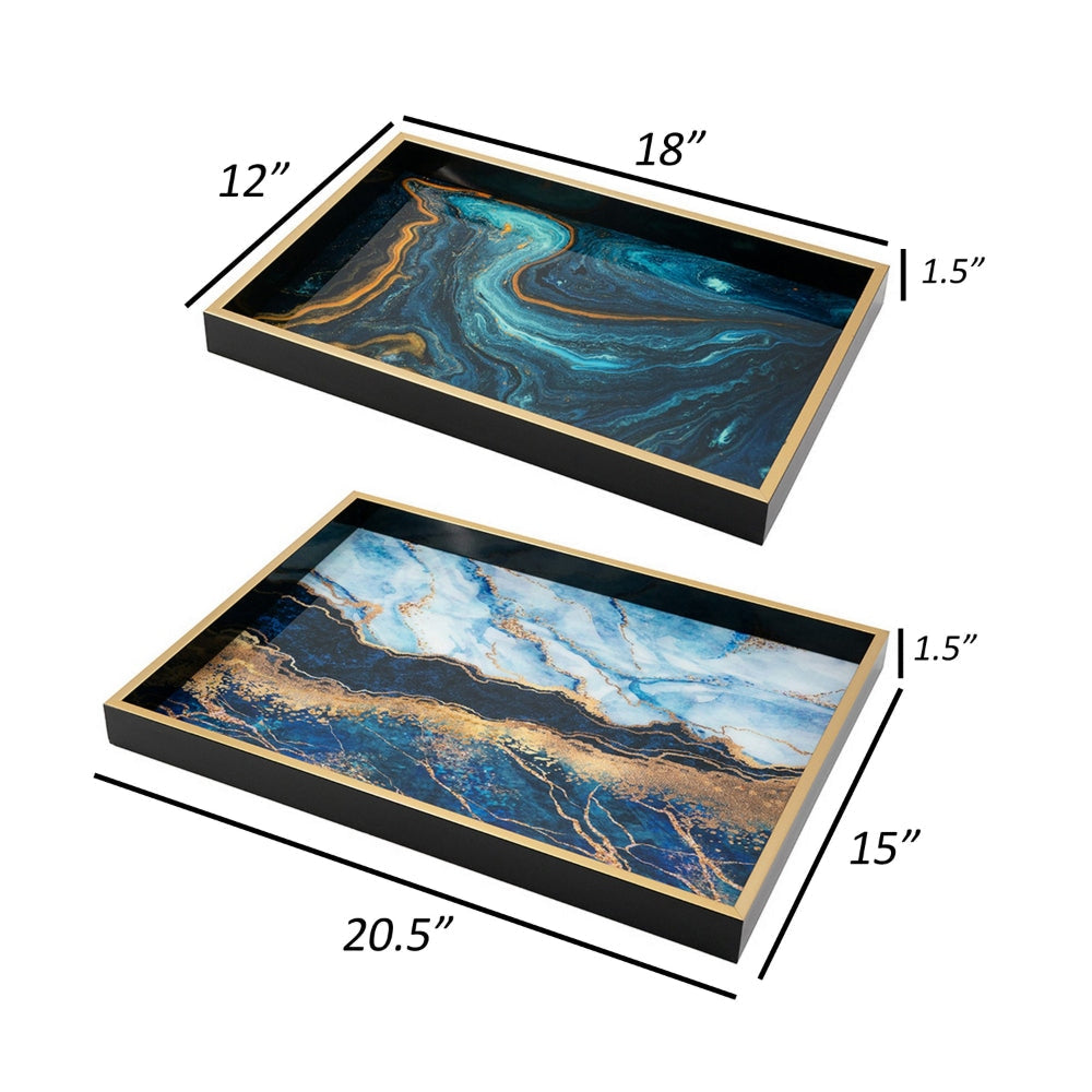 Set of 2 Rectangular Decorative Trays Tall Rims Faux Marble Blue Gold By Casagear Home BM302605