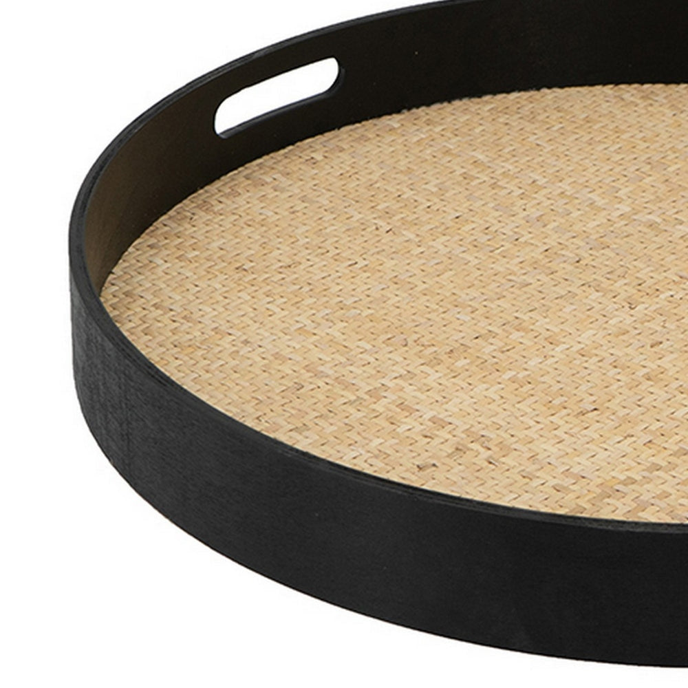 Zam 20 Inch Round Wood Decorative Tray Rattan Woven Bottom Black Finish By Casagear Home BM302619