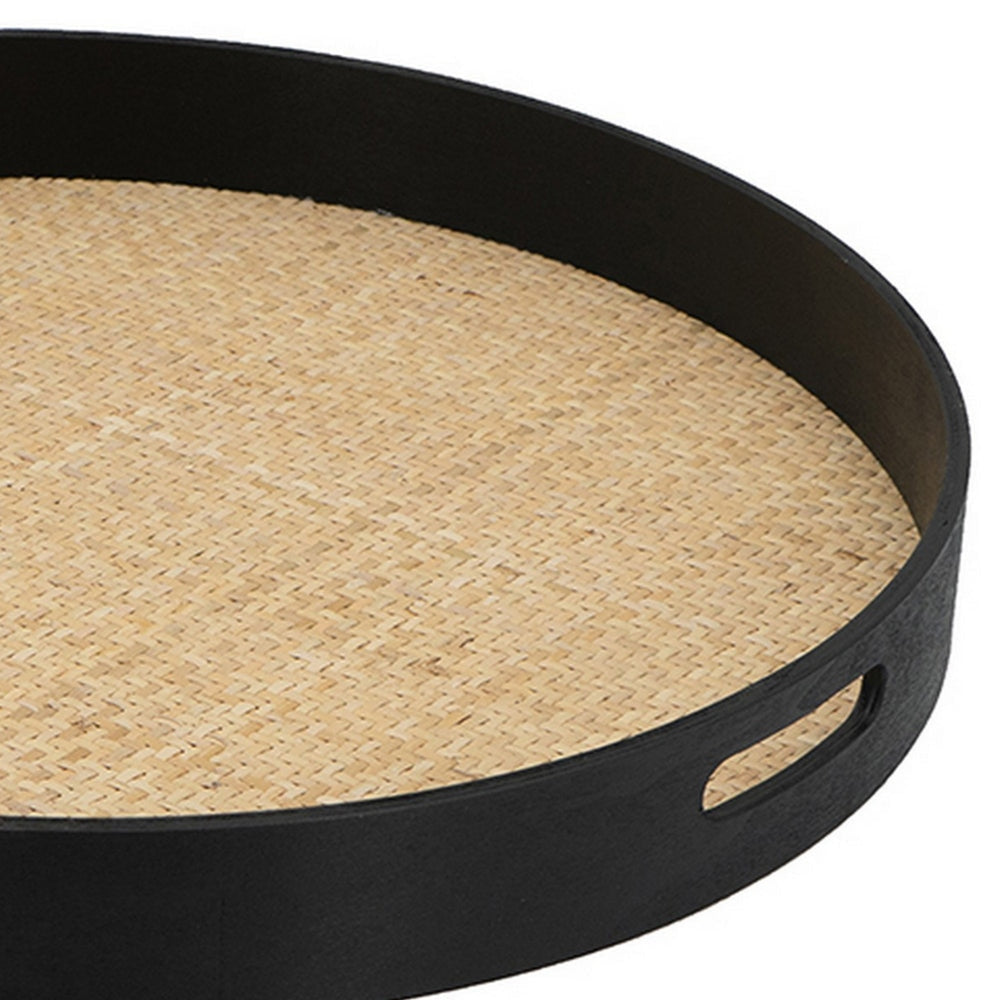 Zam 20 Inch Round Wood Decorative Tray Rattan Woven Bottom Black Finish By Casagear Home BM302619