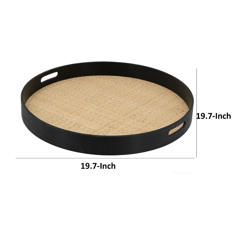 Zam 20 Inch Round Wood Decorative Tray Rattan Woven Bottom Black Finish By Casagear Home BM302619