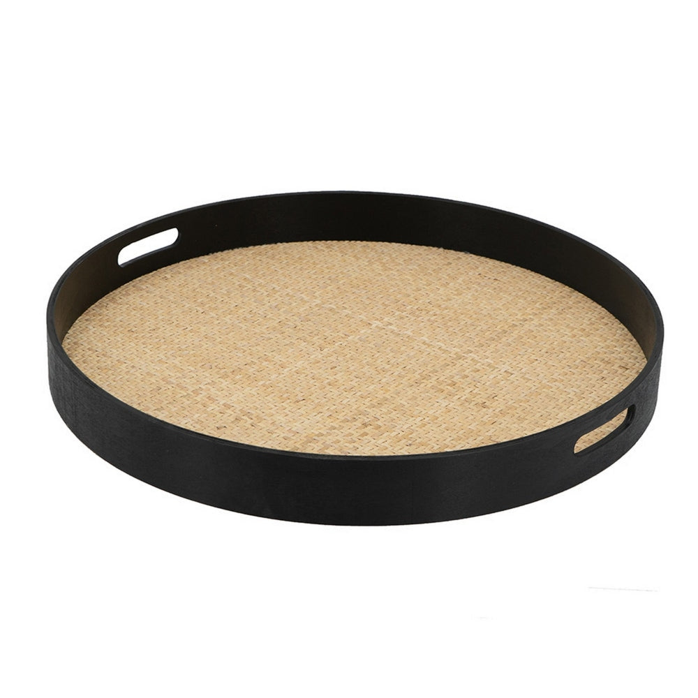 Zam 20 Inch Round Wood Decorative Tray, Rattan Woven Bottom, Black Finish By Casagear Home