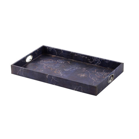 25 Inch Set of 2 Rectangular Decorative Trays, Gold Map Design, Deep Blue By Casagear Home