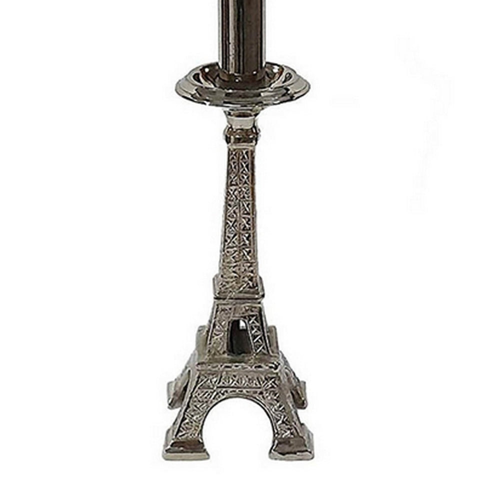 14 Inch Table Lamp Metal Trimmed Shade Nickel Finish Eiffel Tower Base By Casagear Home BM302633