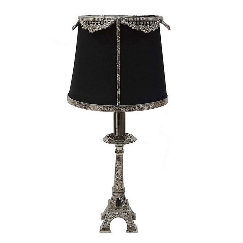 14 Inch Table Lamp, Metal Trimmed Shade, Nickel Finish, Eiffel Tower Base By Casagear Home