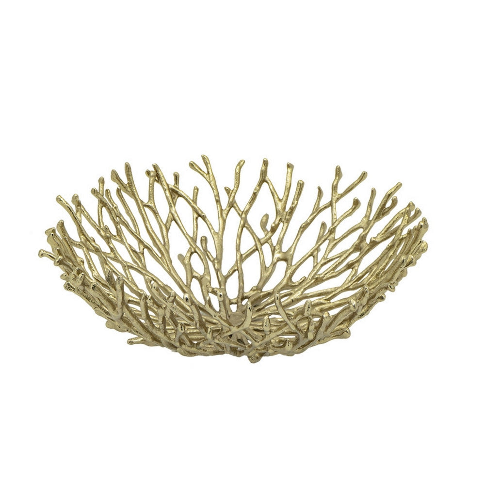 14 Inch Decorative Bowl Aluminum Tree Branch Design Gold By Casagear Home BM302637