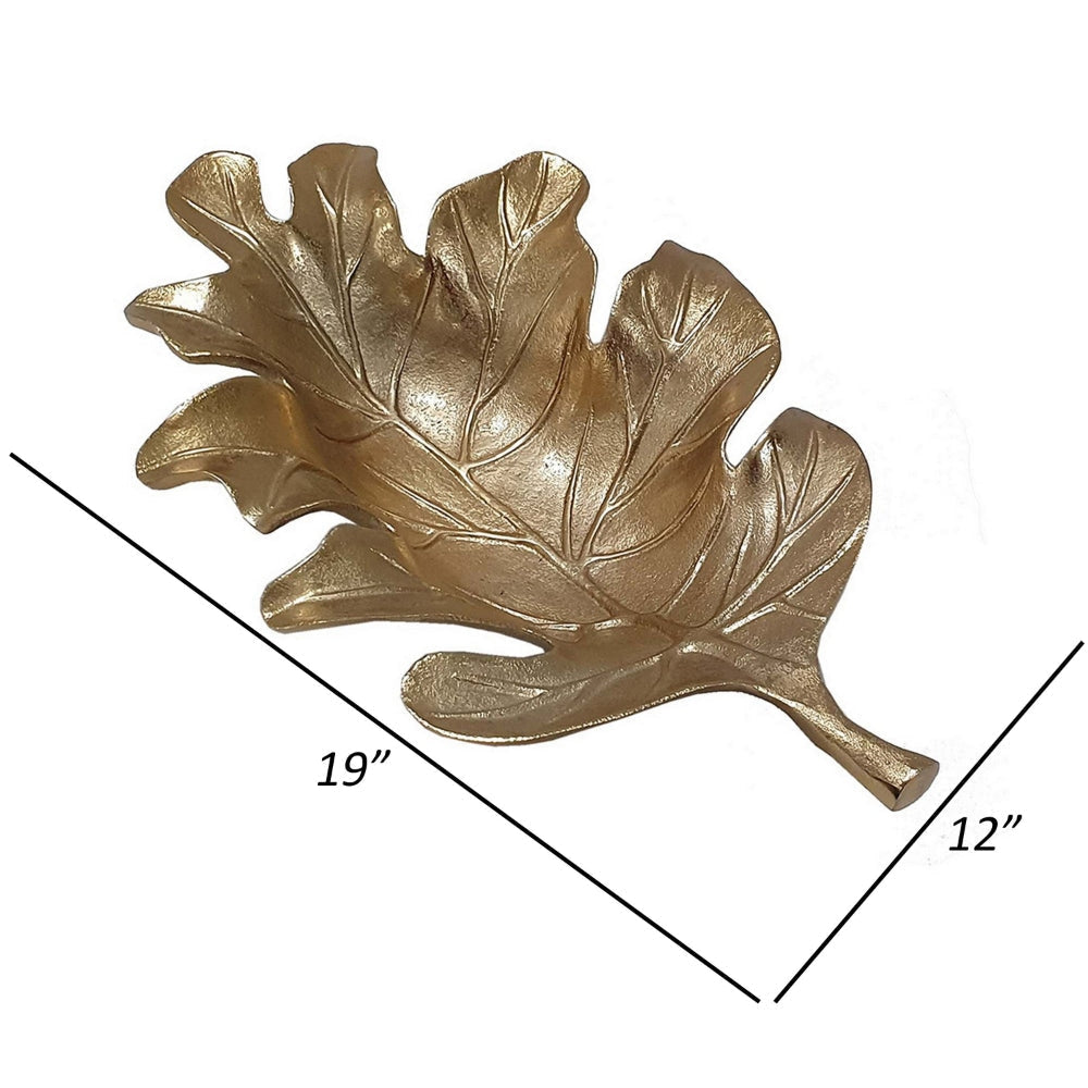 19 Inch Decorative Plate Tray Oak Leaf Design Gold Finished Aluminum By Casagear Home BM302646