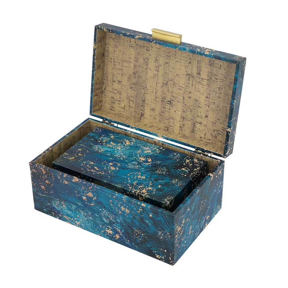 Set of 3 Decorative Rectangular Storage Boxes Gold Handles Blue Design By Casagear Home BM302659