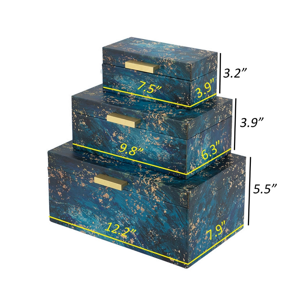 Set of 3 Decorative Rectangular Storage Boxes Gold Handles Blue Design By Casagear Home BM302659