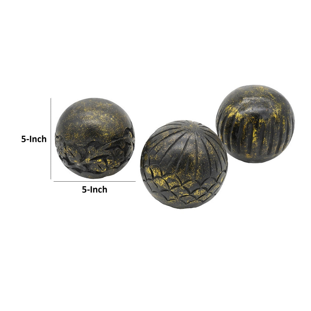 Set of 3 Decorative Tabletop Round Balls Carved Mango Wood Black Yellow By Casagear Home BM302671