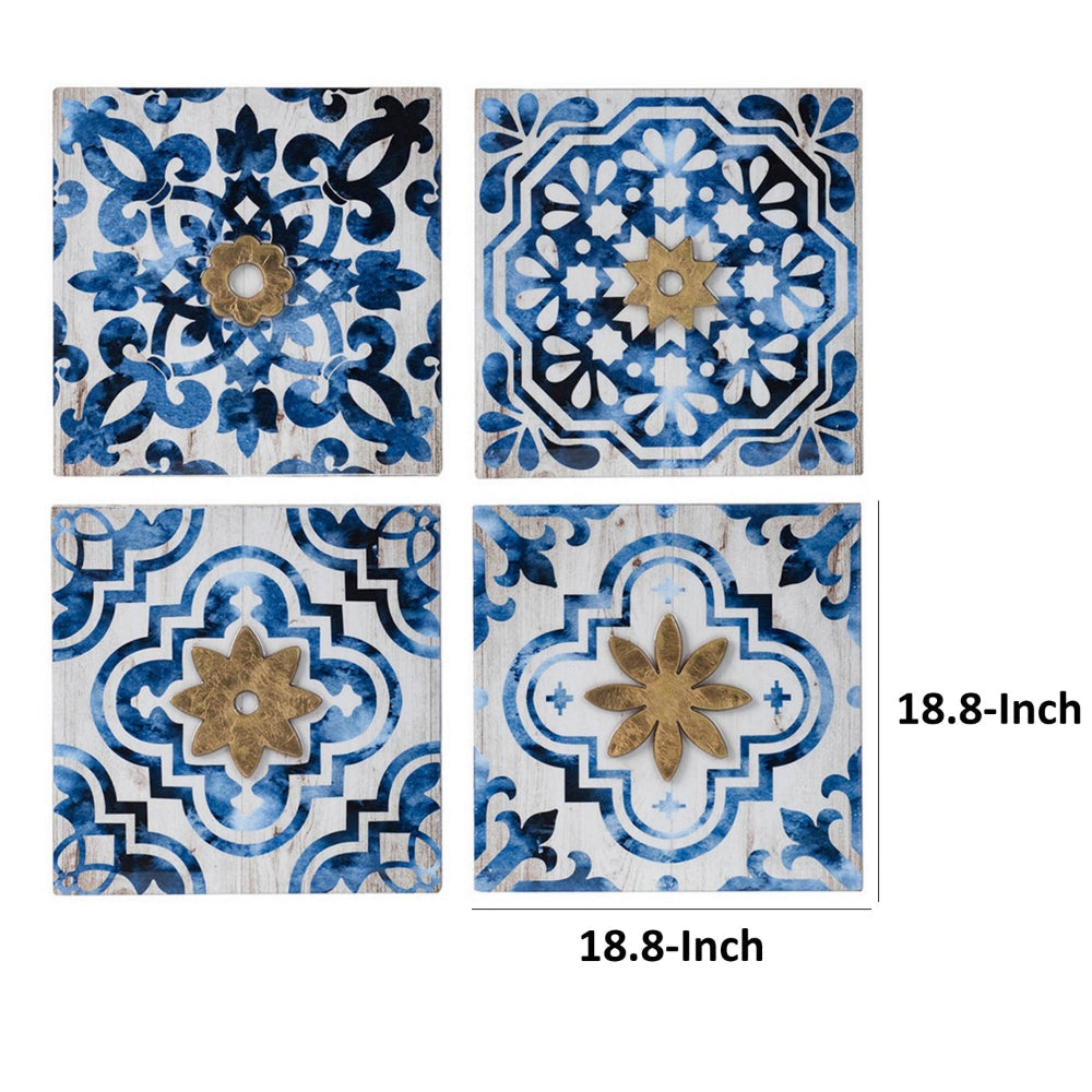 Set of 4 Classic Framed Wall Decor Abstract Tile Design White and Blue By Casagear Home BM302672