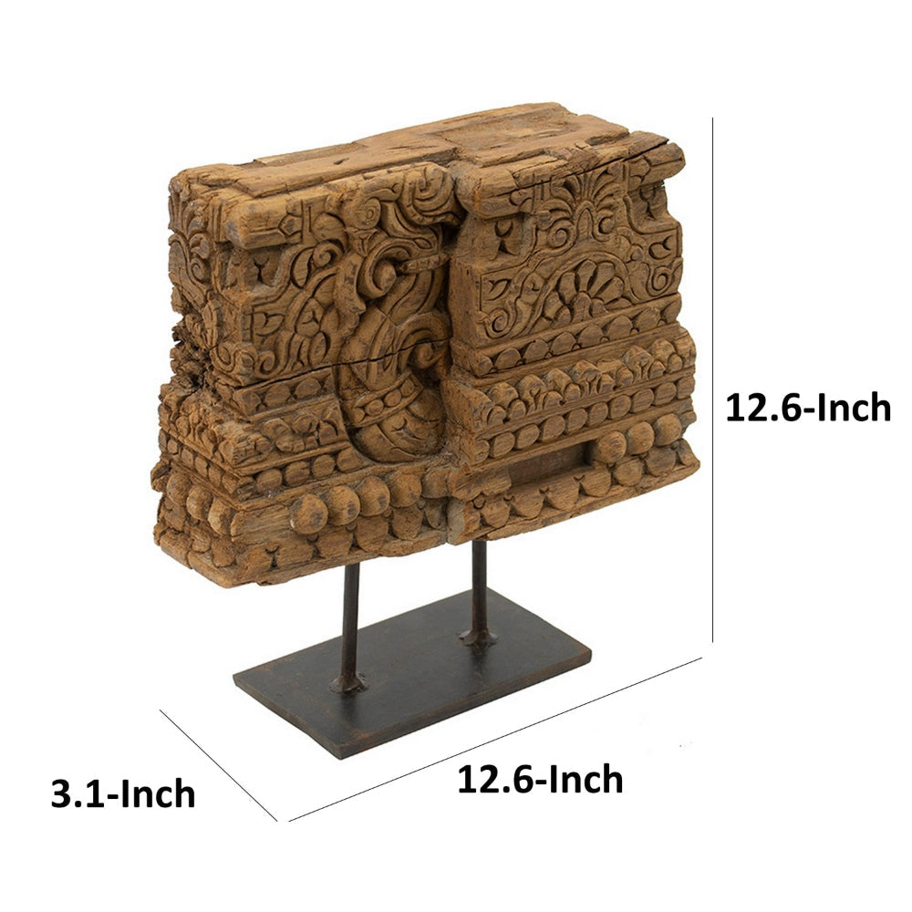 13 Inch Decorative Carved Tabletop Sculpture Brown Wood Black Metal Base By Casagear Home BM302678