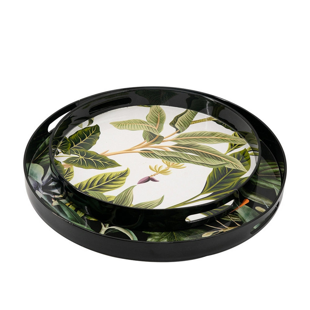 Set of 2 Decorative Trays Black Plastic Frame Lush Palm Leaf Printing By Casagear Home BM302688