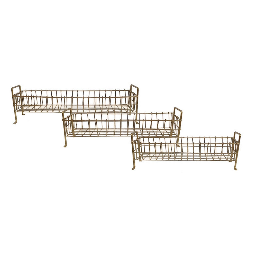 19 22 25 Inch Rectangular Trays Set of 3 Wire Mesh Construction Gold By Casagear Home BM302702