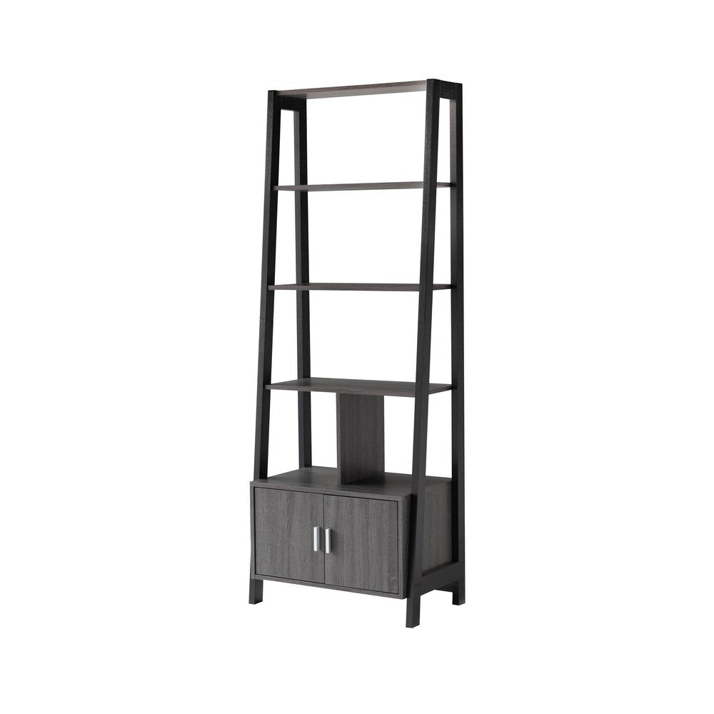 70 Inch Ladder Bookcase with Double Door Cabinet 3 Shelves Gray Black By Casagear Home BM302951