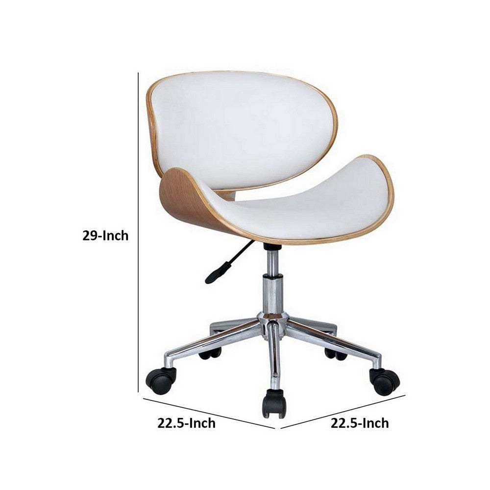 23 Inch Swivel Office Chair Curved Wood Seat and Back White Faux Leather By Casagear Home BM304614