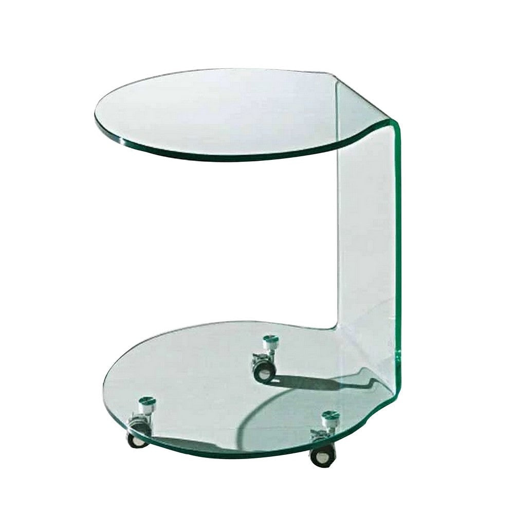 24 Inch Curved Glass End Table Cylindrical Design Caster Wheels Clear By Casagear Home BM304671