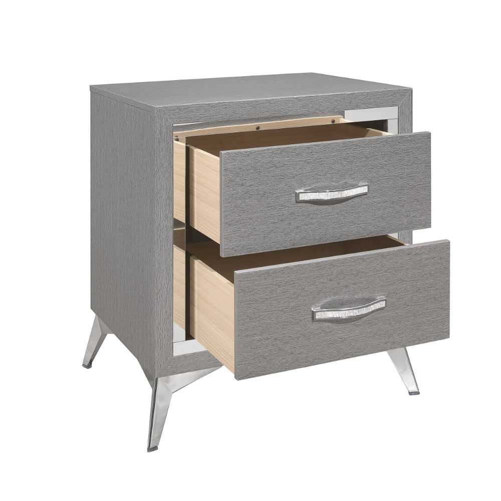 Haya 24 Inch 2 Drawer Nightstand Embossed Smooth Gray Wood Silver Trim By Casagear Home BM304795