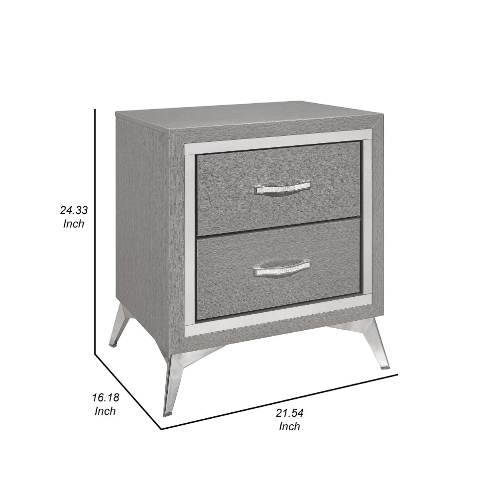 Haya 24 Inch 2 Drawer Nightstand Embossed Smooth Gray Wood Silver Trim By Casagear Home BM304795