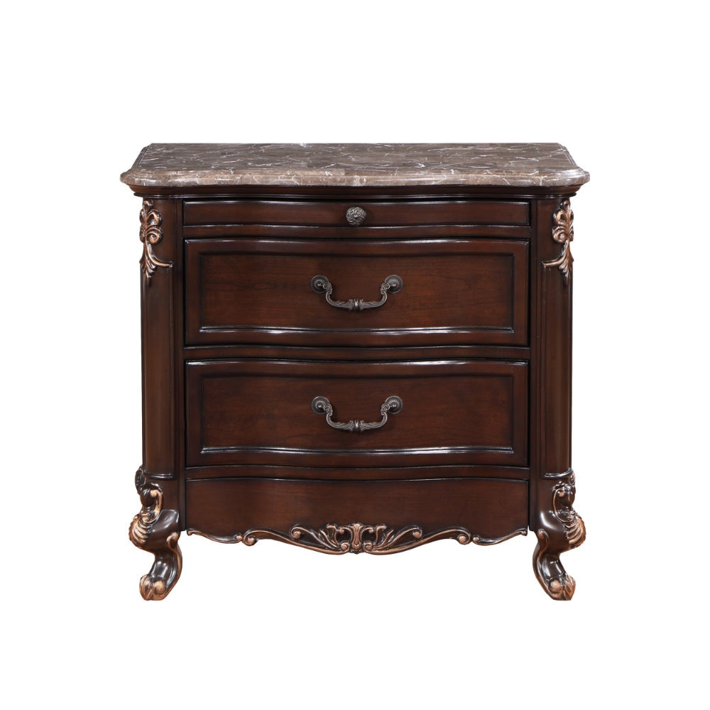 Leon 32 Inch 2 Drawer Nightstand Carved Details Marble Surface Brown By Casagear Home BM304796