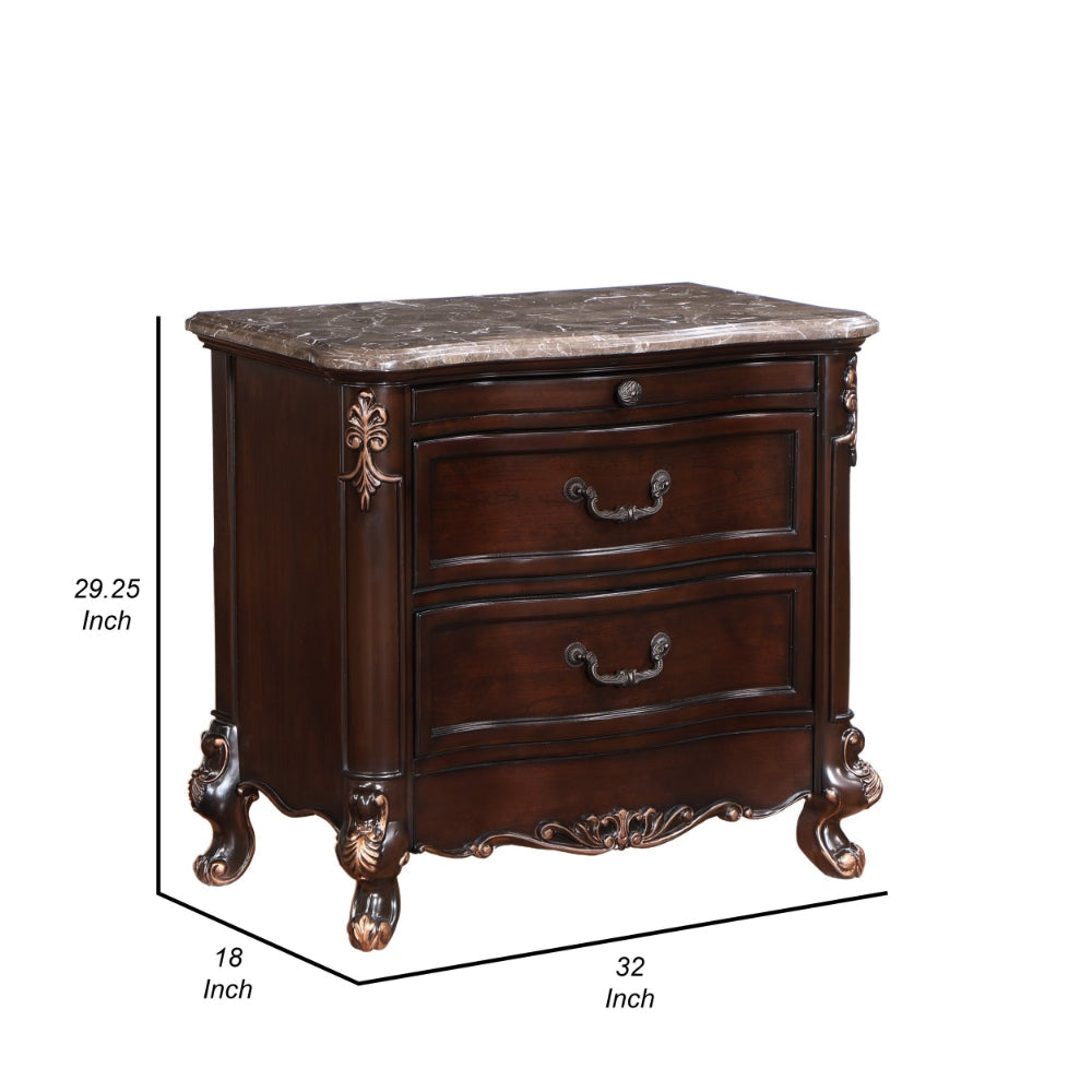 Leon 32 Inch 2 Drawer Nightstand Carved Details Marble Surface Brown By Casagear Home BM304796