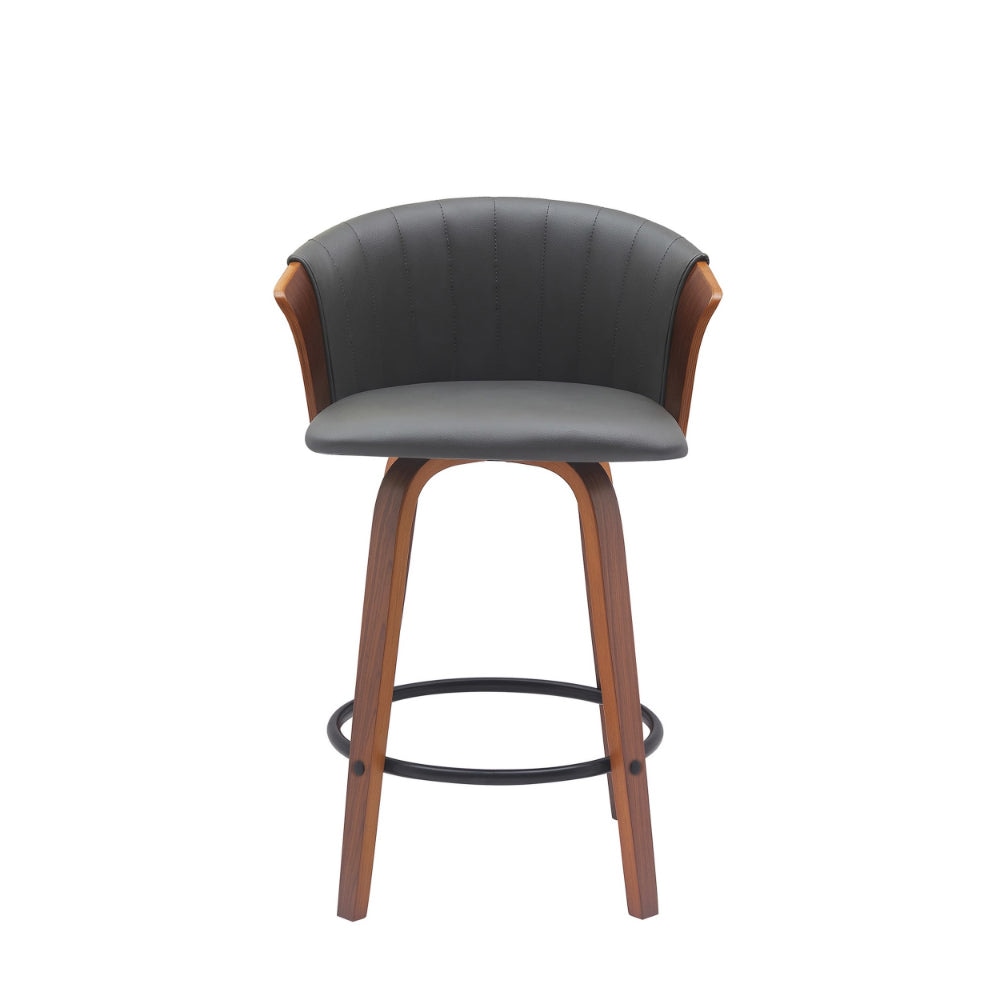 Oja 26 Inch Swivel Counter Stool Chair Gray Faux Leather Walnut Brown By Casagear Home BM304898