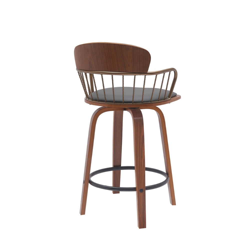 Wiz 26 Inch Counter Stool Chair Slatted Gray Faux Leather Walnut Brown By Casagear Home BM304931