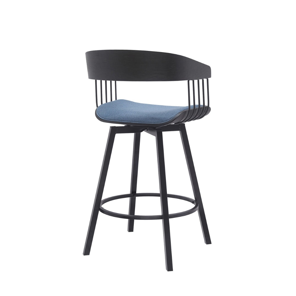 Vera 27 Inch Swivel Counter Stool Chair Black Open Back Soft Blue Fabric By Casagear Home BM304944