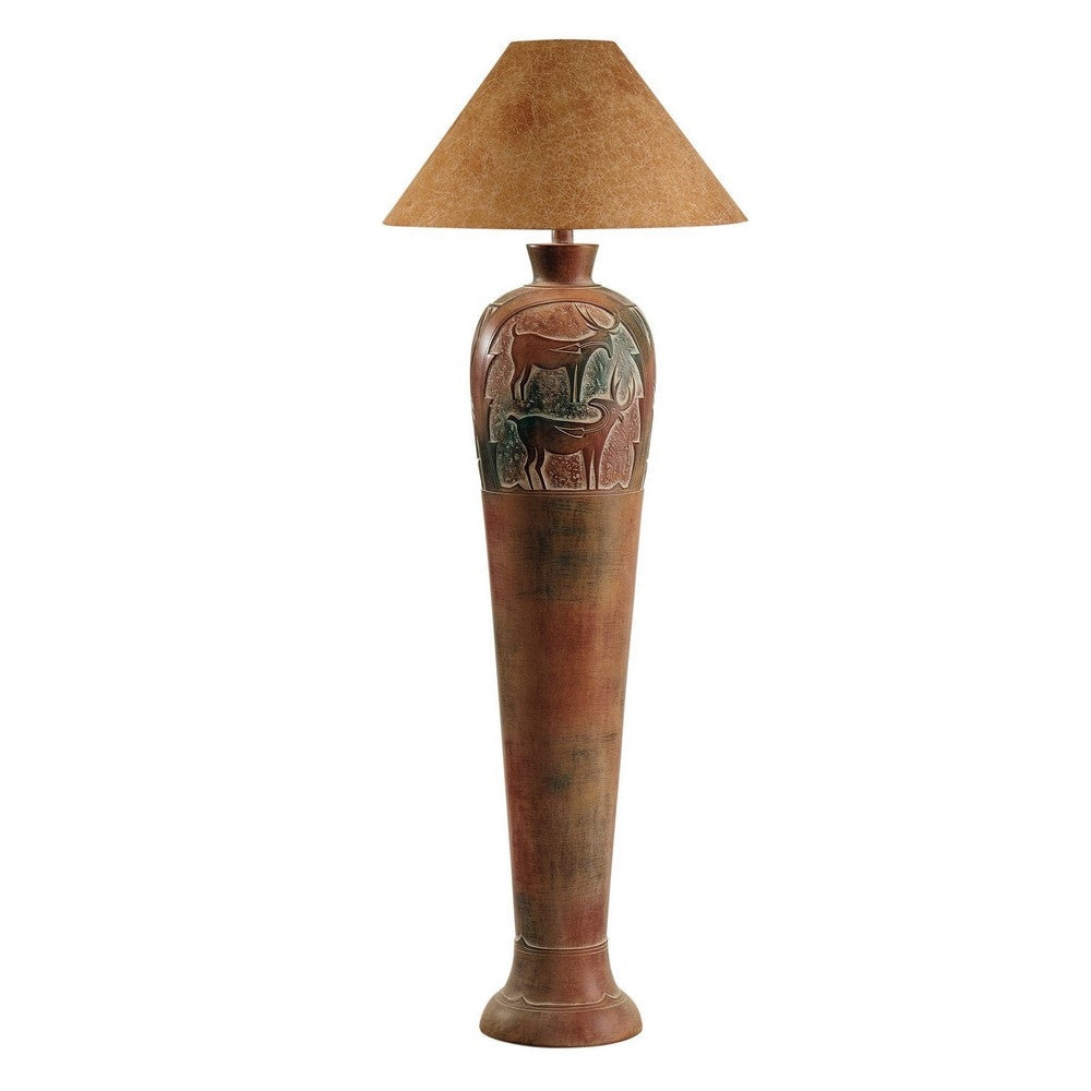 Siya 62 Inch Elongated Floor Lamp, Extra Tall, Deer Carvings, Brown, Black By Casagear Home