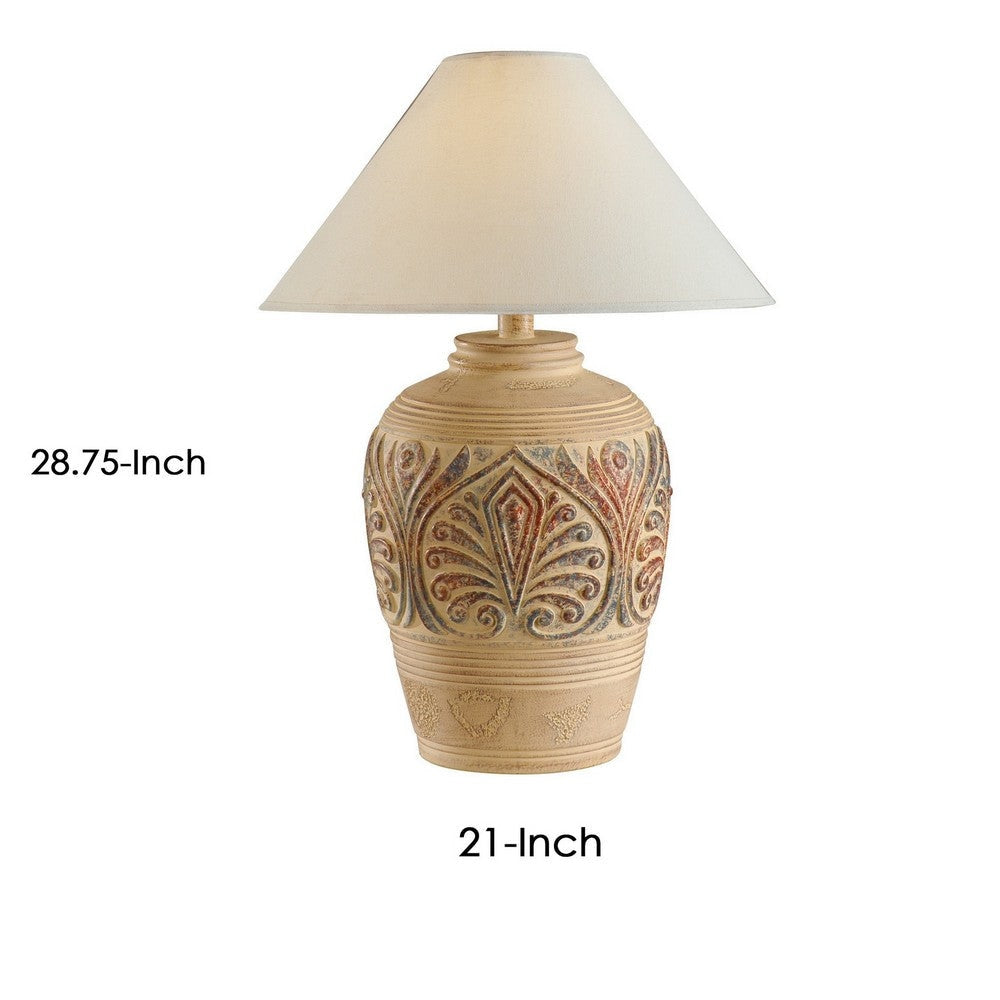 Tia 29 Inch Table Lamp Conical Shade Urn Shape Damask Pattern Beige By Casagear Home BM304998