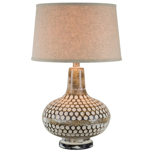 28 Inch Hydrocal Table Lamp, Drum Shade, Round Geometric Base, Brown, Cream By Casagear Home