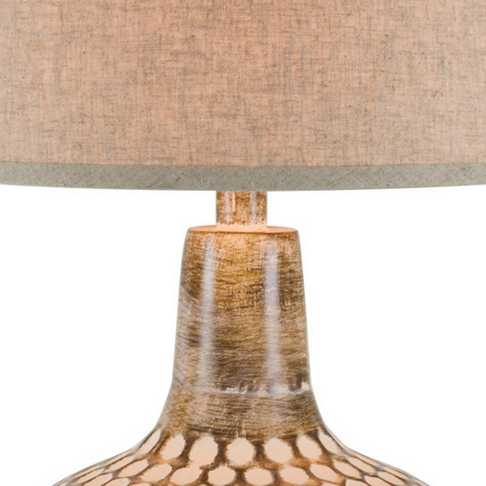 28 Inch Hydrocal Table Lamp Drum Shade Round Geometric Base Brown Cream By Casagear Home BM305621