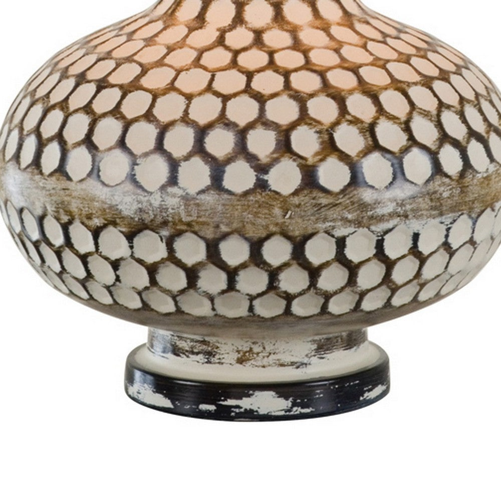 28 Inch Hydrocal Table Lamp Drum Shade Round Geometric Base Brown Cream By Casagear Home BM305621