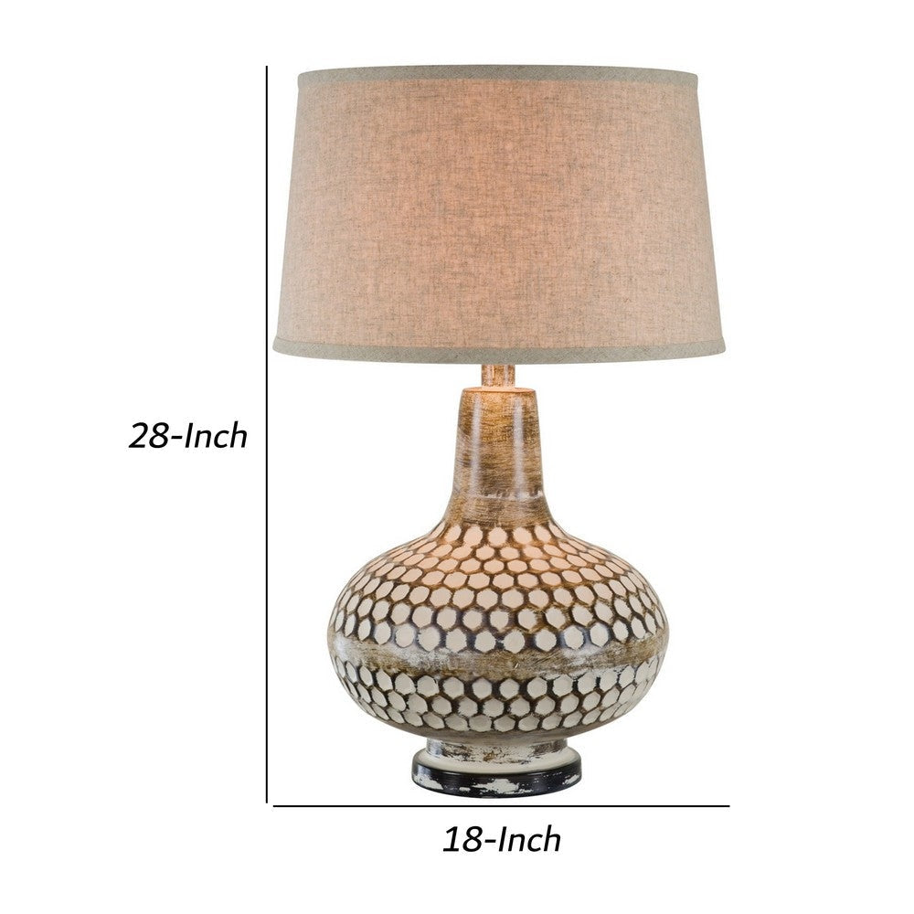 28 Inch Hydrocal Table Lamp Drum Shade Round Geometric Base Brown Cream By Casagear Home BM305621