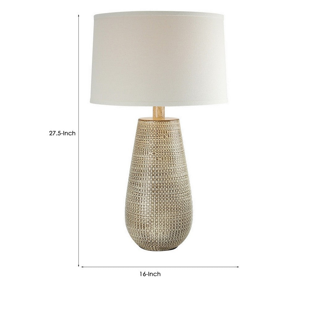 28 Inch Hydrocal Table Lamp Drum Shade Curved Geometric Base Brown By Casagear Home BM305628