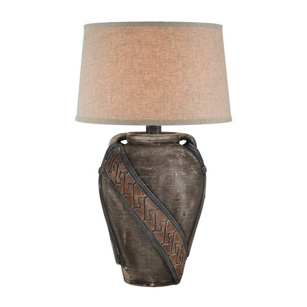 Livi 30 Inch Hydrocal Table Lamp, Geometric Urn Base, Dark Earthen Brown By Casagear Home